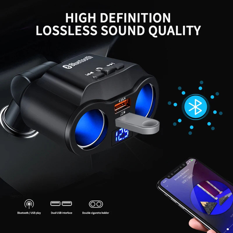 

Bluetooth 5.0 Car Handsfree FM Transmitter Dual USB Charger Car mp3 Player Expand Support Music Play Cigarette Lighter