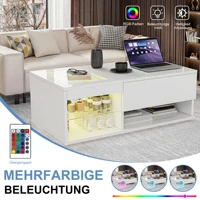 Table basse extensible Comanlai avec éclairage LED, table de salon brillante avec 2 étagères en verre, avec étagères ouvertes et rangement, rétractable, pour salon 6