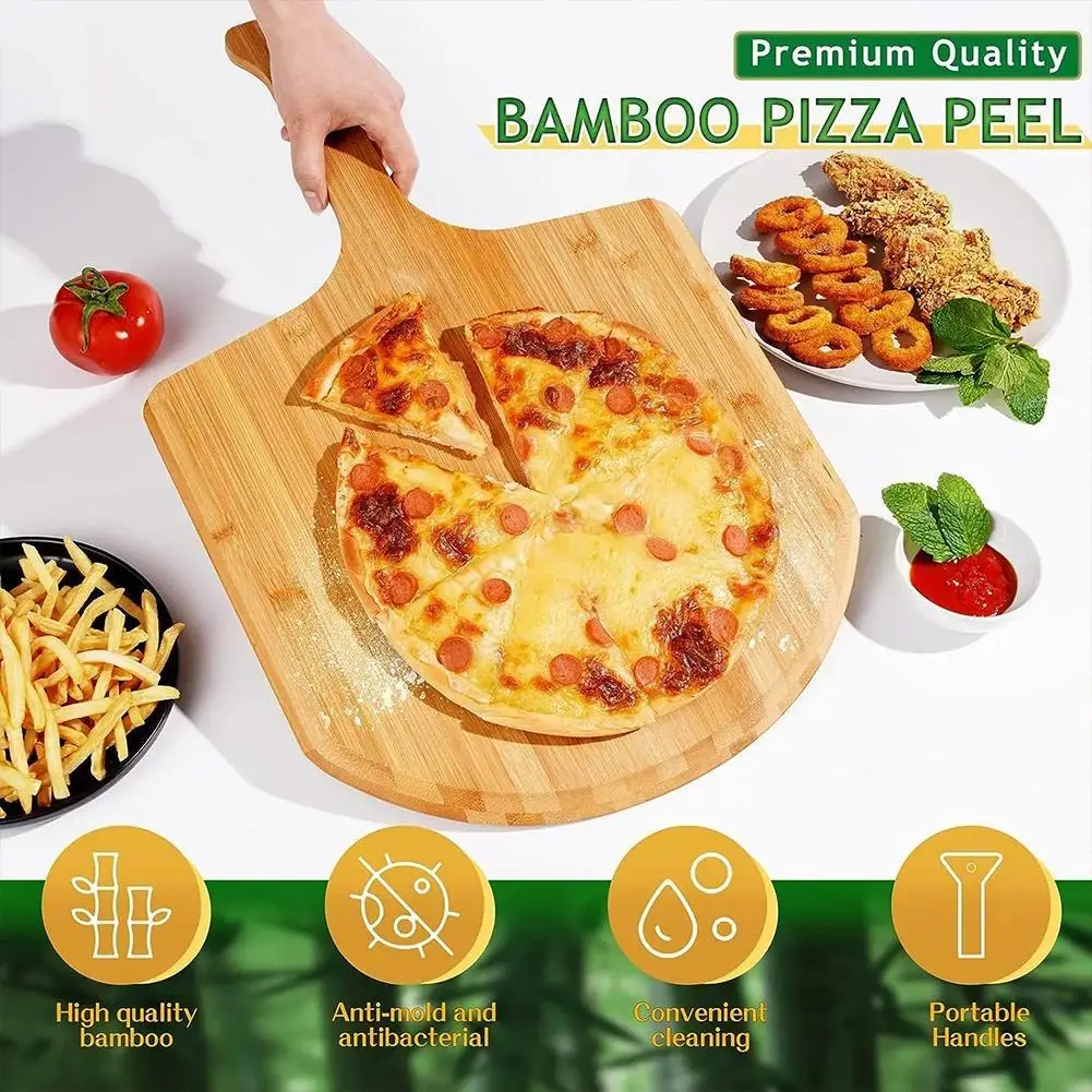 

Hot Sale Bamboo Pizza Peel Wood Serving Pan Cheese And Charcuterie Boards Pizza Board Pizza Paddle Cutting Board With Handle