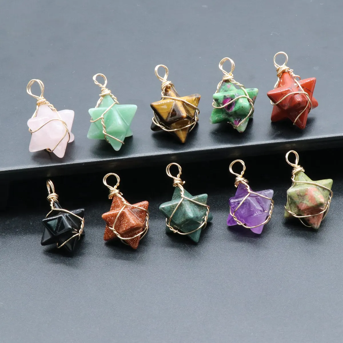8PCS Tigers Eye Merkaba Star Pendants for Making Jewelry Necklace Stone Dangle Charms Healing Chakra Crystal
