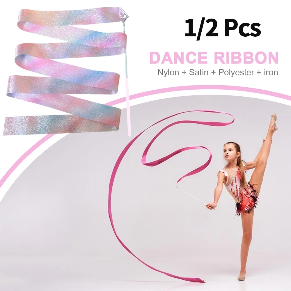 Professional Glitter Dance Ribbon Rhythmic Art Gymnastics Ballet Twirling Rod Stick Kid Cildren Training Equipment 1/2 Pcs 2m
