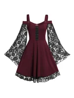 2022 New Gothic One-shoulder Lace Stitching Flared Sleeve Dress Literary Vintage Autumn Grunge Black A-line Dress Punk Partywear - Image 4