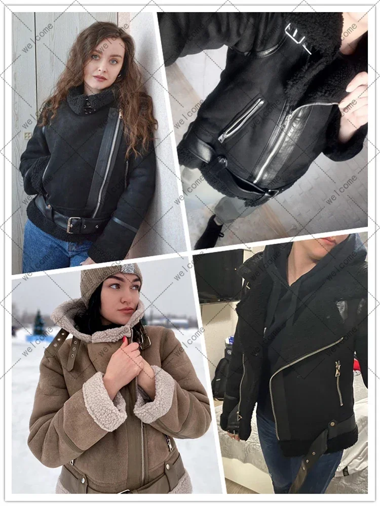 Winter Women Thick Warm Suede Lamb Jacket Short Motorcycle Brown Coats Faux Shearling Sheepskin Leather Jackets Outwear