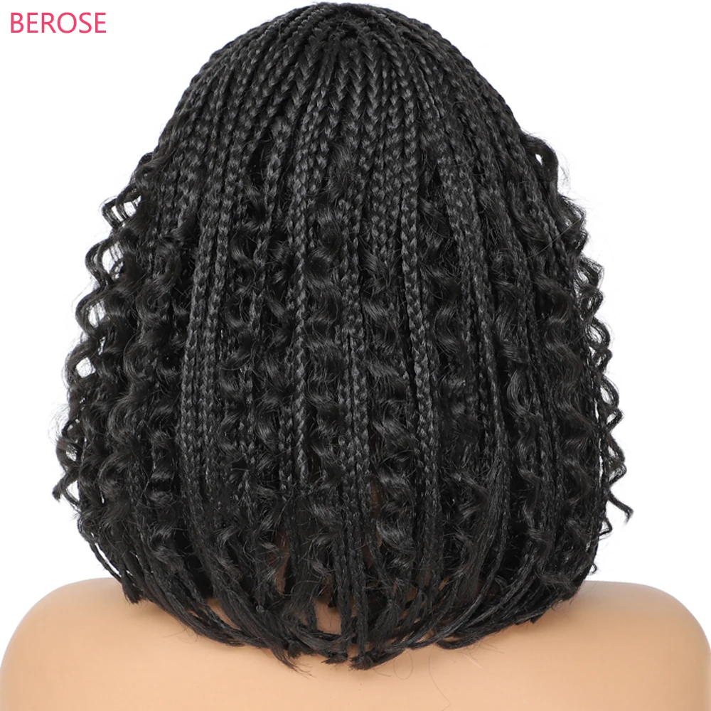 Ombre 1B 27 Burgundy 30# Boho Box Braids Crochet Hair Wigs peruque naturel femme Short Box Braided Wig with Curly Hair for Girls