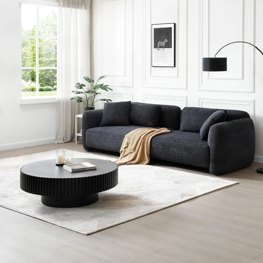 31.49'' Black Round Coffee Table Modern Wood Coffee Table for Living Room, Contemporary Circle Fluted Drum Tabl