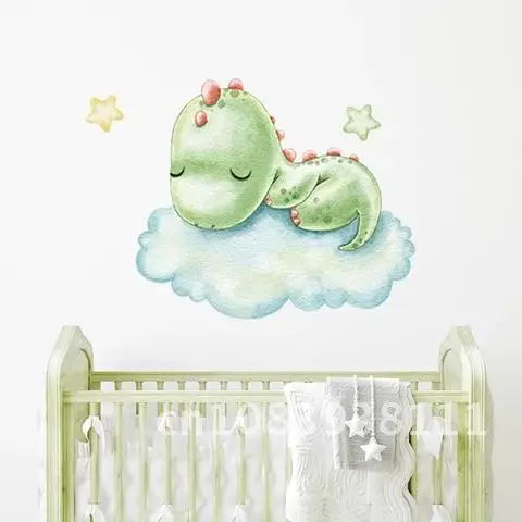 

Baby Nursery Room Decoration Kids Room Wall Decals PVC Watercolor Cartoon Baby Dinosaurs Sleeping on the Cloud Wall Stickers