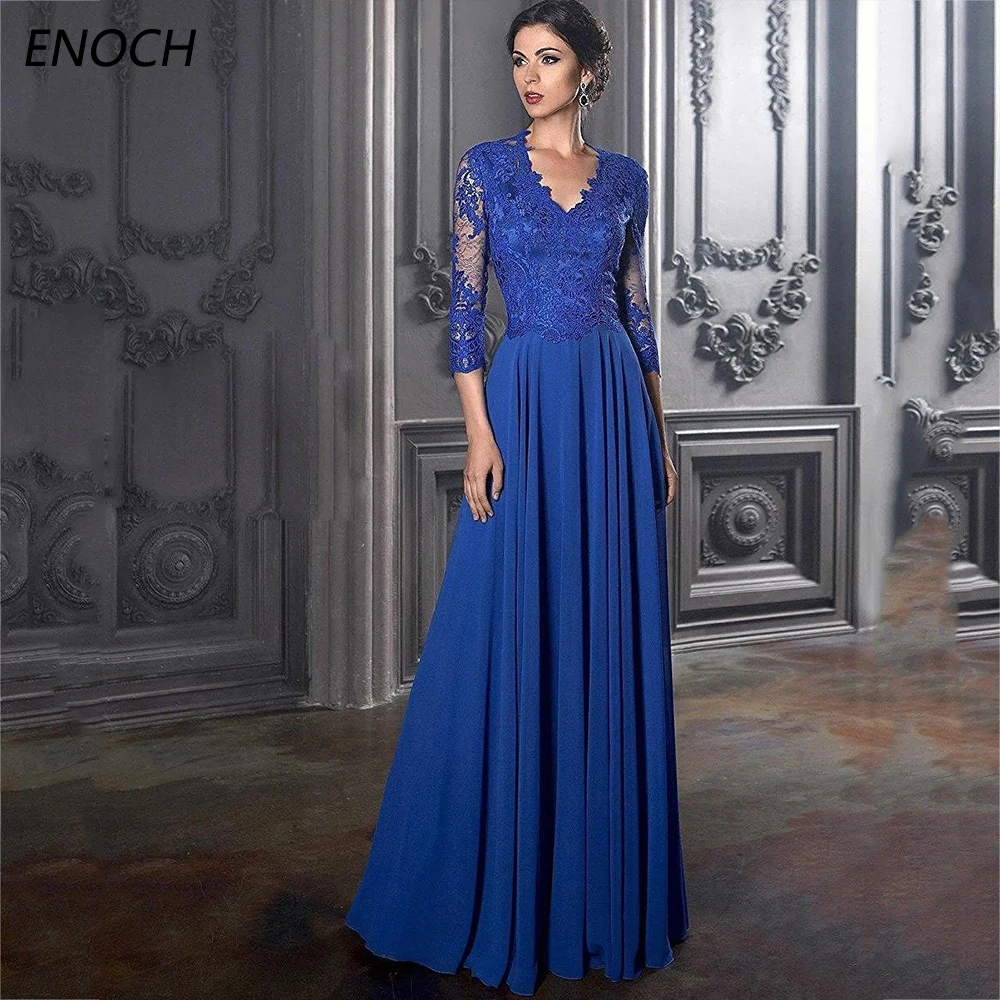 

Enoch Elegant V-Neck Mother of the Bride Dresses Three Quarter Sleeves Applique Chiffon A-Line Wedding Party Gowns Floor Length