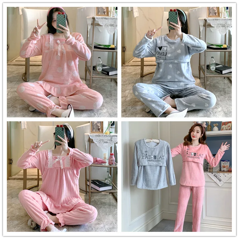 Women Nursing Sleepwear Cartoon Winter Maternity and Nursing Set Flannel Mother  Pyjamas Set Casual Women Pregnant Pajamas Set, Size:M(Pink)