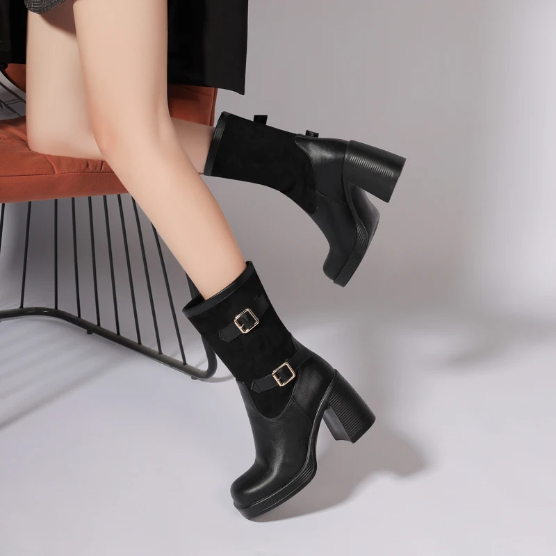 Square Toe Ultra High Thick Heel Matte Float Patchwork PU Women's Mid Length Boots For Winter Thick Plush Lining Shoes
