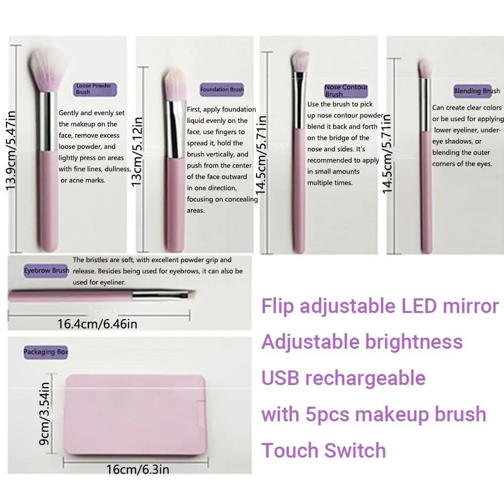 Rotatable Mirror Travel Makeup Brush with Light Adjustable Brightness USB Rechargeable LED Makeup Mirror Brush Set Foldable