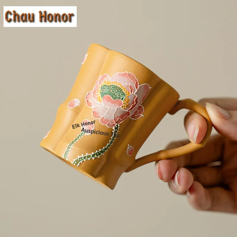 90ml Hand-painted Lotus Flowers Zisha Teacup Tea Bowl Beautiful Handle Cup Tea-tasting Meditation Cup Jianzhan Master Cups Gift