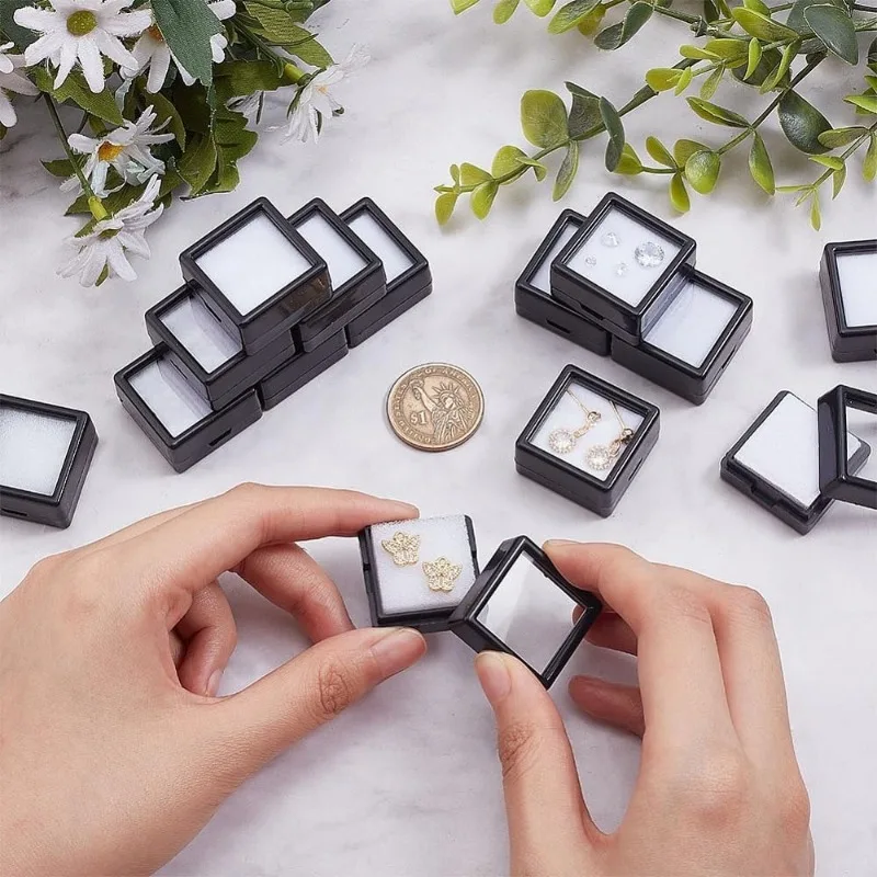 Black Gemstone Display Box 1.14x1.14x0.63inch Loose Jewelry Show Container with Clear Glass Top Lids for Gems 16 Pack