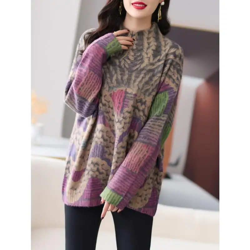 

DIMANAF Plus Size Sweaters Pullover Autumn Oversize Women Pattern Floral Printing Sweaters Short Sleeve Knitting Loose Sweater