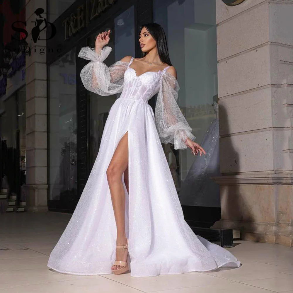 

SoDigne Glitter Tulle Side Split Wedding Dresses Sexy Spaghetti Straps Puff Sleeves Boho Bride Gowns vestidos de novia