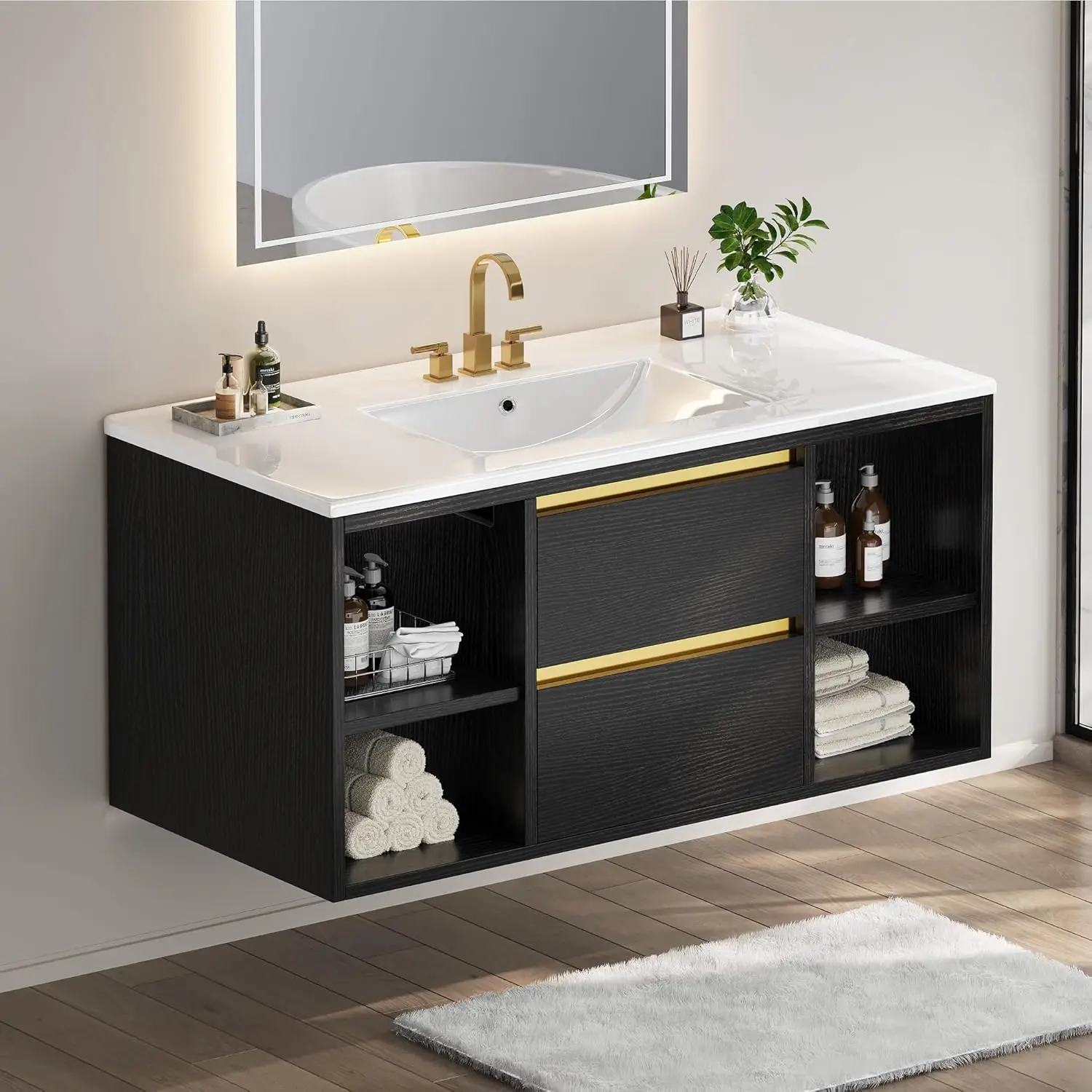 36 Inch Floating Bathroom Vanity W/ Three Holes Sink, Wall Mounted Cabinet W/ 2 Drawers & 4 Open Storge,Undermount Ceramic Basin 5