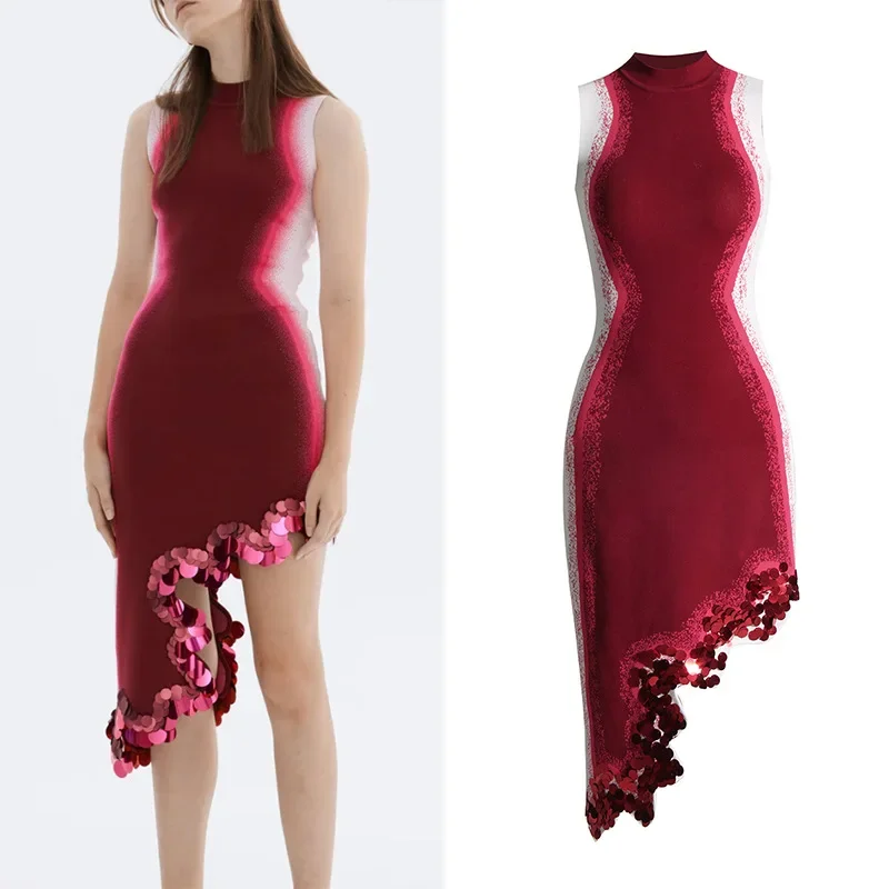 European and American sexy buttocks hot girl style 2024 spring new round neck gradient printed sequin hem dress for women