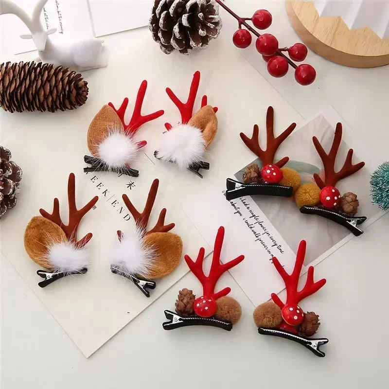 2pcs Cute Christmas Style Headwear Reindeer Ears Hair Clip Classic Xmas Women Hairpin Party Cosplay Hair Accessories for Girls