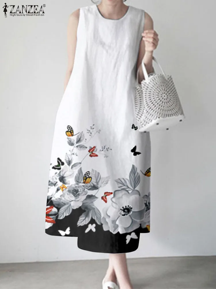 

Платье ZANZEA женское с круглым вырезом, повседневный свободный пляжный сарафан-трапеция без рукавов, с цветочным принтом, в стиле оверсайз, лето 2023