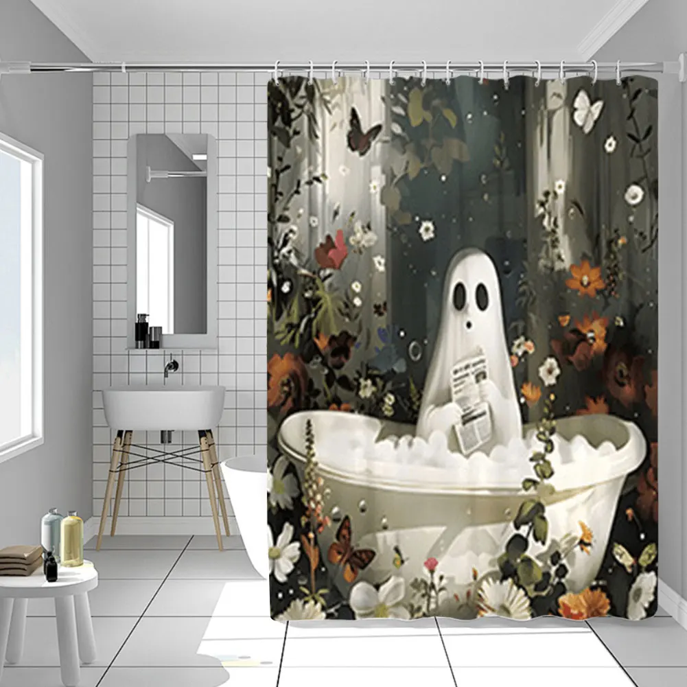 Cute Cartoon Ghost Halloween Shower Curtain Washable Halloween Bathroom Curtain with Hooks Bathtub Curtain for Bathroom Decor