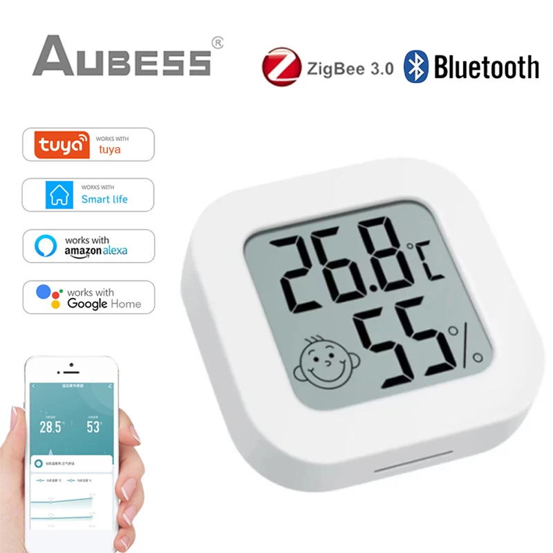 AUBESS Tuya ZigBee Smart Temperature Humidity Sensor LCD Display Indoor Thermometer Monitoring Via Alexa Google Home Smartlife