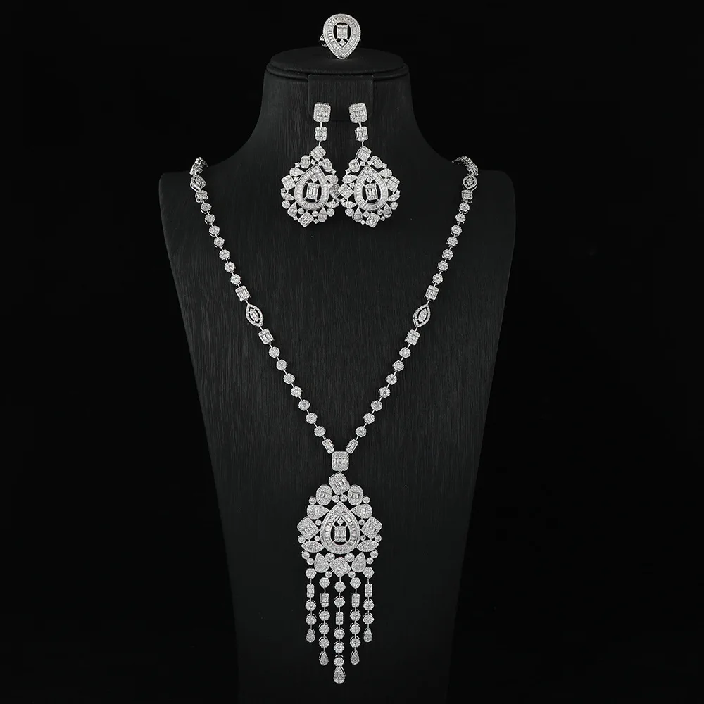 

EYER 3pcs Bridal Zirconia Jewelry Sets For Women Party CZ Dubai Crystal Long Necklace Wedding Jewelry Accessories For Women