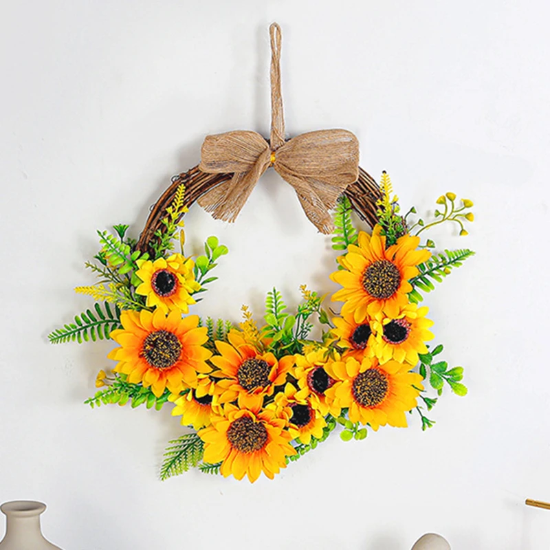 Artificial Sunflowers Wreath Door Hanging Flower Wreath Yellow Sunflower Green Leaves Wall Window Home Party Decor