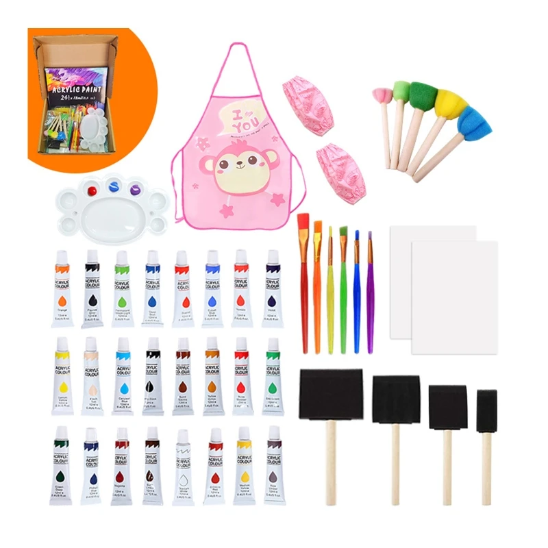 

45Pcs Kid Art Painting Coloring Tools Kit 24 Colors Acrylic Paint Tubes Set