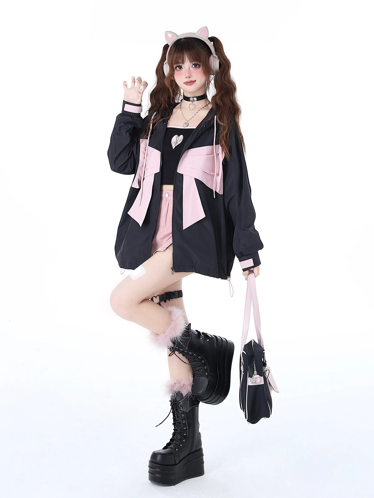 Sweet Cool Contrast Color Bow Hooded Jacket Women 2024 Early Spring Original Loose Long Sleeve Thin Sun Protection Coat Female