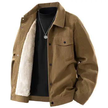 Autumn Winter Man Jacket Vitage Thicken Fleece Striped Turn Down Collar Male Coat Single-breasted Long Sleeve Men Outerwear