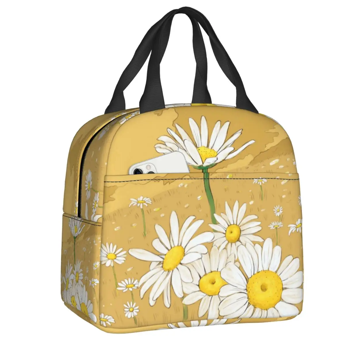 

Flower Daisy Insulated Lunch Tote Bag for Women Floral Pattern Resuable Cooler Thermal Bento Box Outdoor Camping Travel