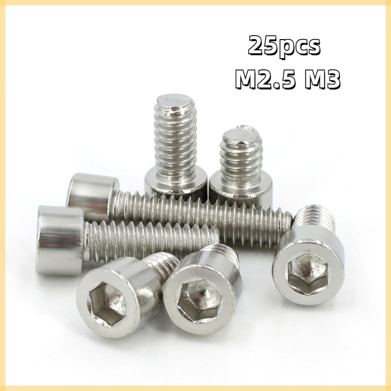 

25pcs M2.5 M3 304 Stainless Steel Cup Head Bolt Hexagon Hex Socket Cap Allen Head Screw Bolt Thread Length 3mm-20mm