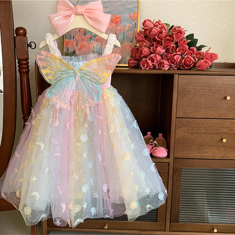 2025 Summer Baby Girl Back Princess Dress Butterfly Wings Dress