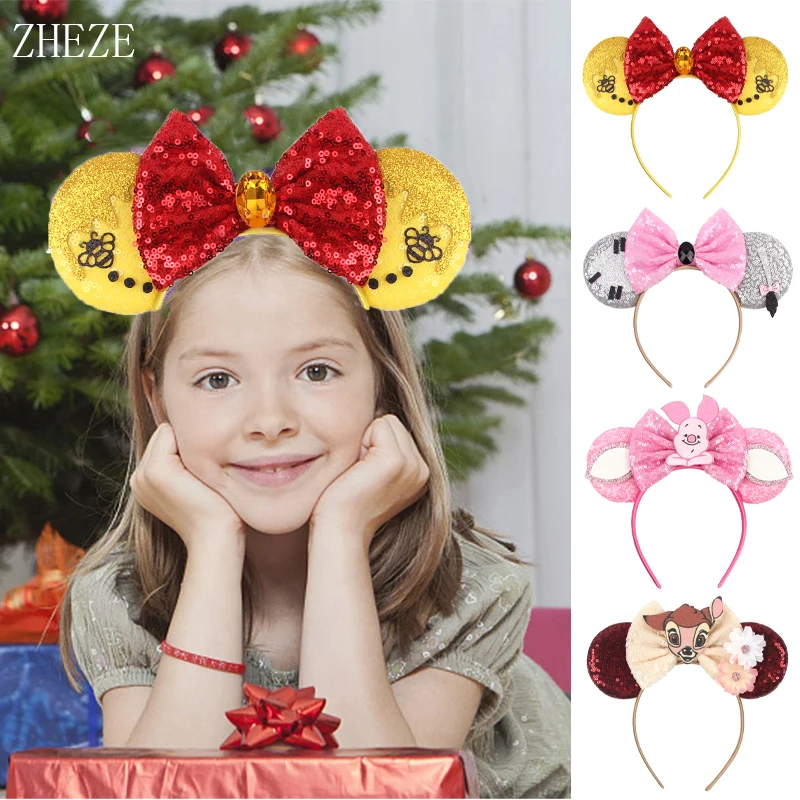 

2023 Disney Winnie The Pooh Ears Headband Sequin Bow Hairband For Girls Boys Festival Party DIY Hair Accessories Gift Boutique