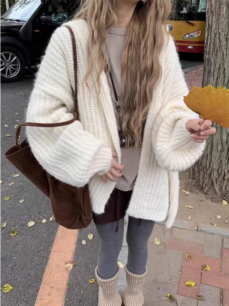 Fashion New Women's Loose Long Sleeve Elegant Cardigan Sweater Hooded Lantern Sleeve Solid Color Knitted Casual Top