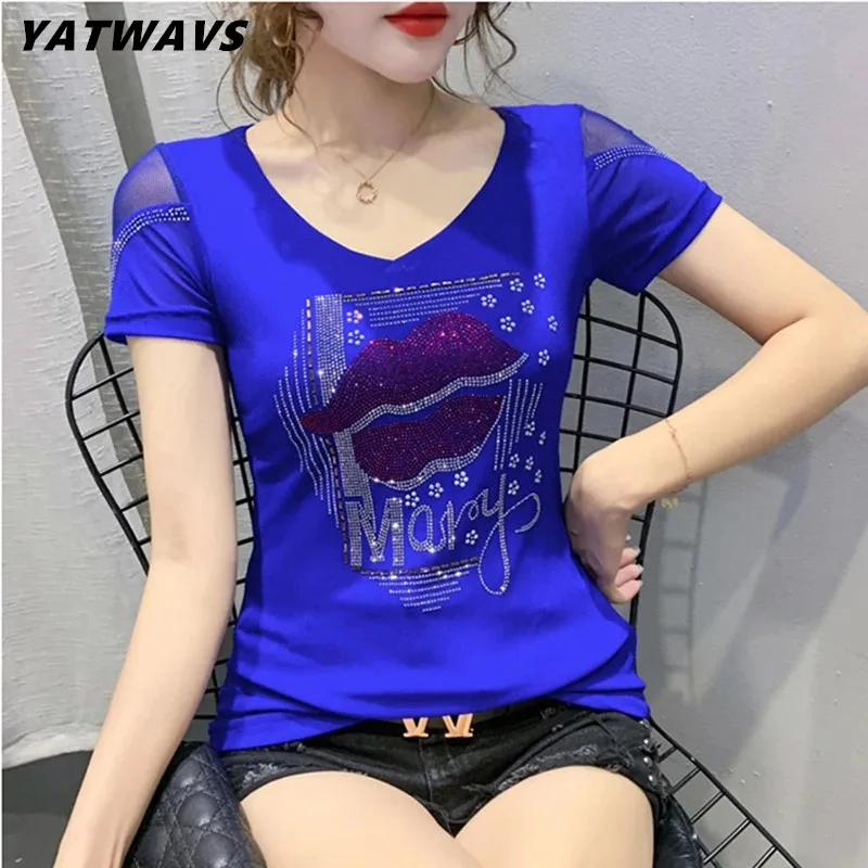 

New Summer European Clothes T-Shirt Fashion Lip Diamonds Women Tops Mesh Short Sleeve Lace Sexy Back Embroidered Shirt Tees