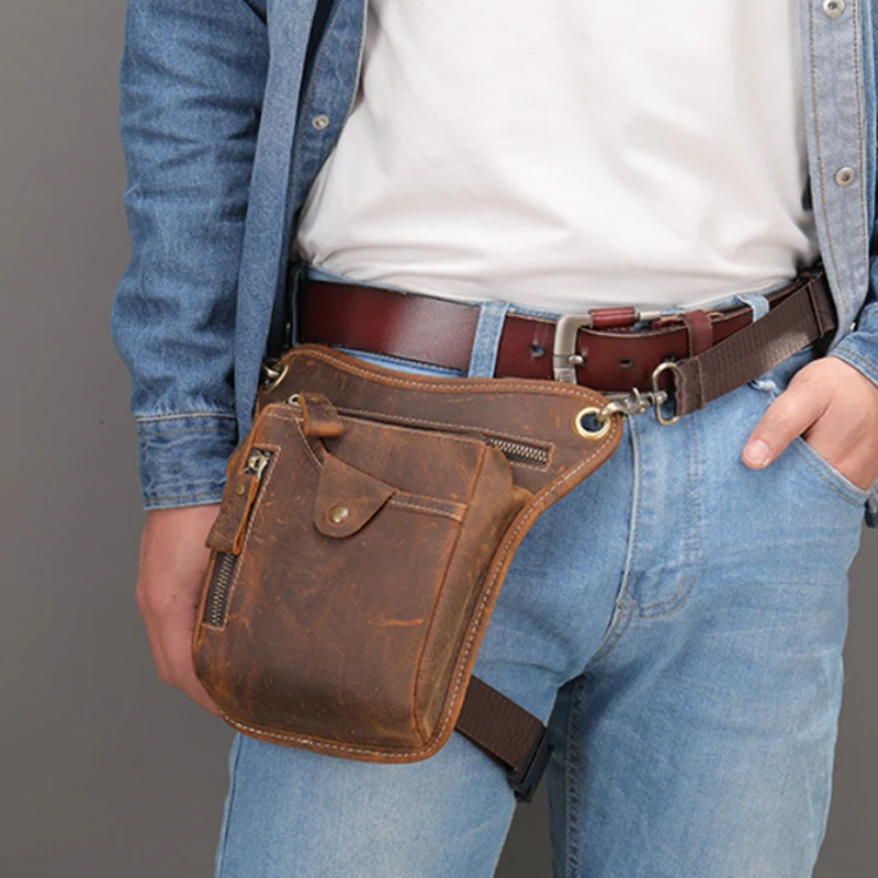 Cowhide Bumbag Leather Waist Pack Drop Leg Bag For Men Women Belt Bumbag Multi-Purpose Motorcycle Bike Outdoor Sports Tactical Cycling Riding Hiking Camping Pouch Outdoor Hip Pack