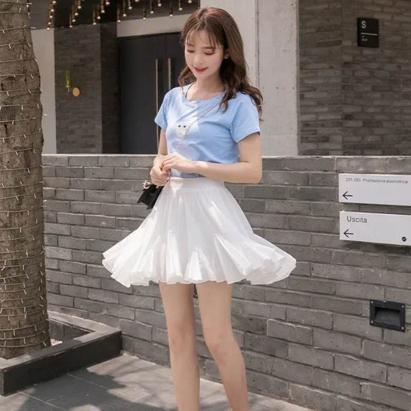 Ruffled Edge Skirt Elastic Waist Thin Women A-line Pleated Puffy Preppy Style Solid Color Simple Casual Korean Fashion Summer