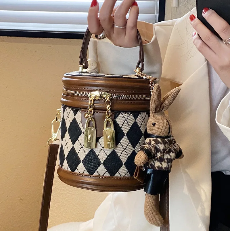 Quilted Lattice Crossbody Shoulder Bags for Women Small Tote Square Satchel Handbags Purse with Bunny Doll Pendant