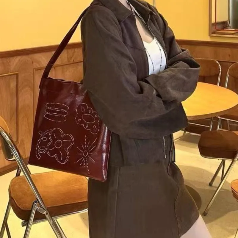 Korean Trendy Retro Print Handbag Women Red Leather Large Capacity Underarm Bag Ladies Fashion Casual Bucket Shoulder Bags 2025