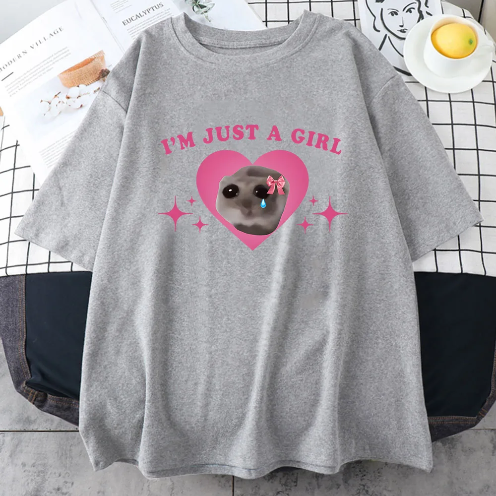 Sad Hamster Tshirt I'm Just A Girl Cartoon Printing Tee-shirt Casual Short Sleeve Summer Tshirts Cotton High Quality Girls Tees 5