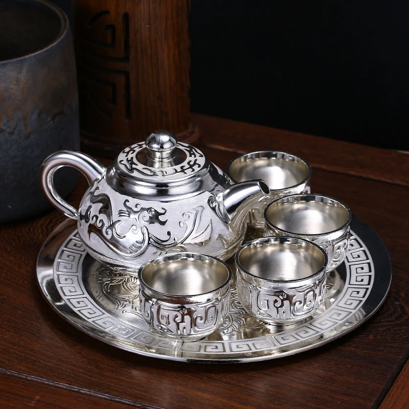 

Silver Cup 999 pure silver dragon totem tea set wine set tray pot european-style retro tea set festival gift