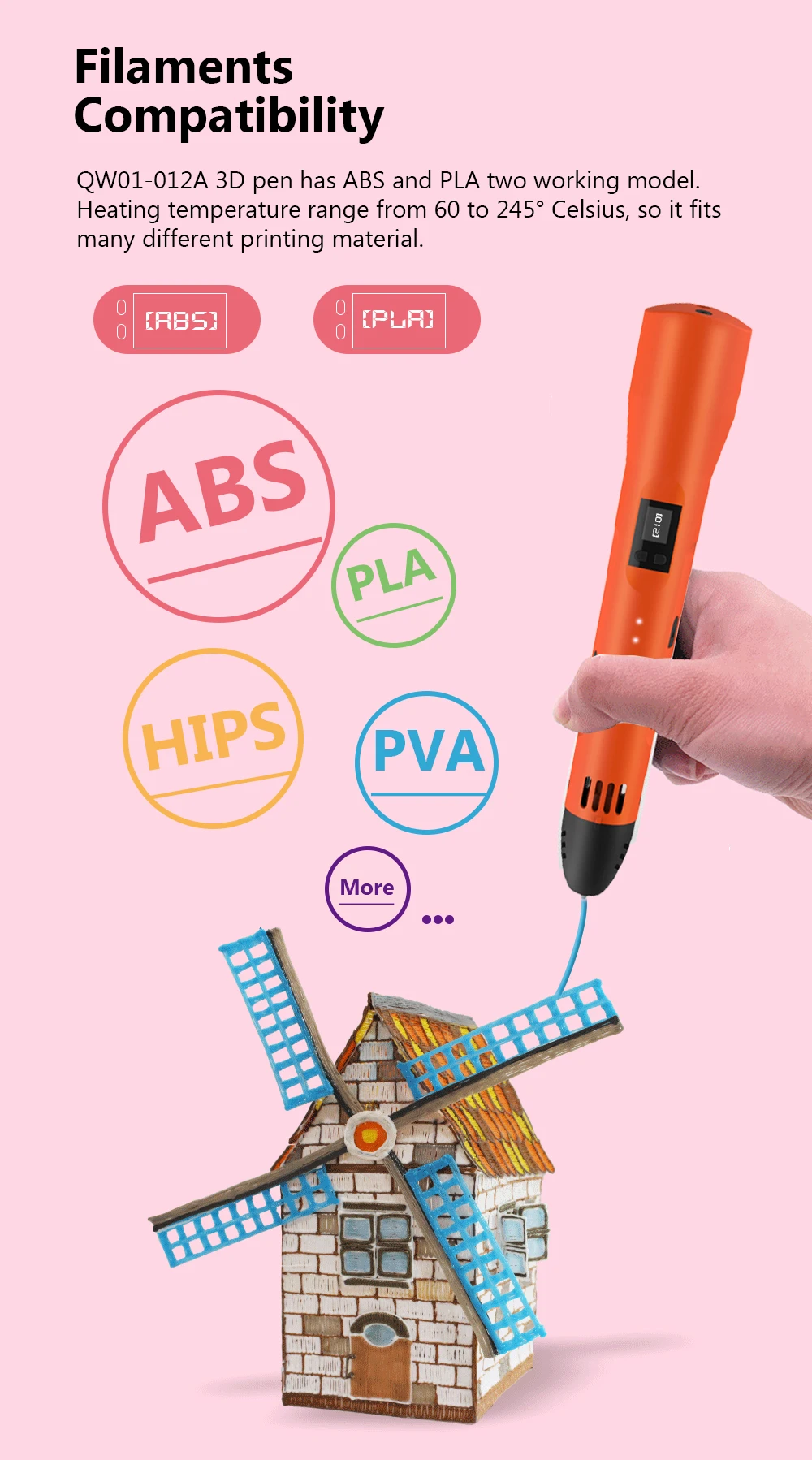 qcreate caneta suporta abs pla quadris pva graus celsius faixa de temperatura ajustável display lcd regulação de velocidades