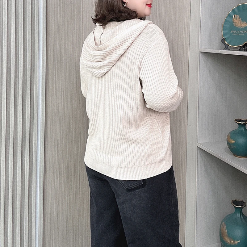 Women's Hooded Knitted Cardigan Coat, Loose Two-Way Zipper Sweater, Plus Size Jumpers, Autumn, Winter, 2261