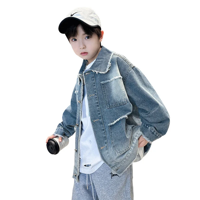 봄 가을 어린이 겉옷 한국식 루즈 스타일 어린이 빈티지 그라데이션 블루 블랙 데님 재킷 십대 소년 멋진 청바지 코트