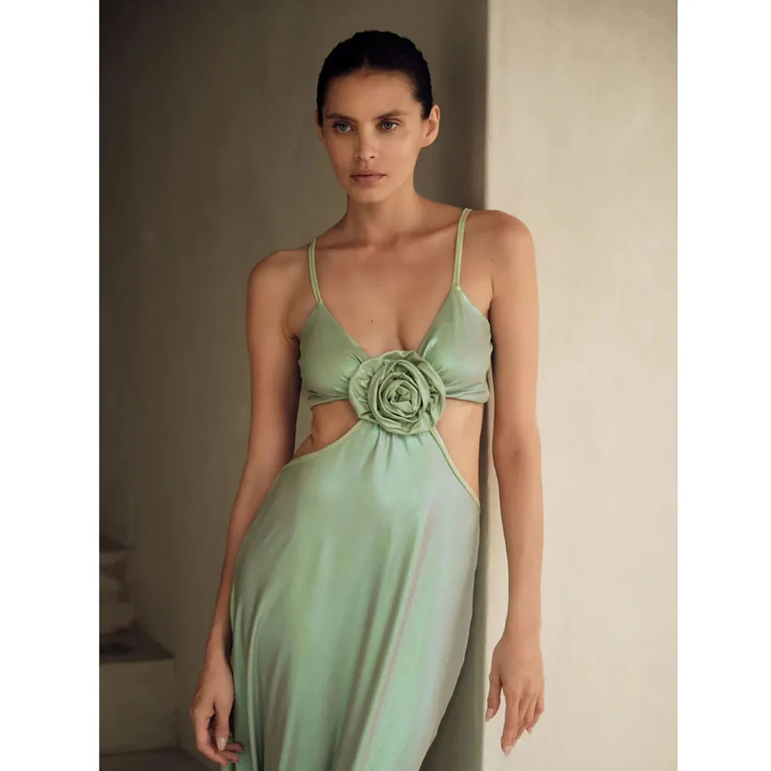 Eleganti Abiti Scavati Per Le Donne 2023 Night Party Sexy Slim Long Dress Strap Lady Eveing Robe Solid Flower Tank Vestido