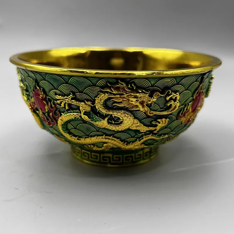 

Retro Cloisonne Gold Plated Double Dragon Bowl Home Decoration
