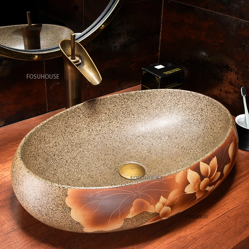 สไตล์โมร็อกโกเวทีอ่างล้างหน้าหรือเฟอร์นิเจอร์ห้องน้ํามือวาด Lotus เซรามิคอ่างล้างหน้าห้องน้ํา Washstand อ่างล้างหน้าขนาดใหญ่อ่างล้างจานห้องน้ํา 1