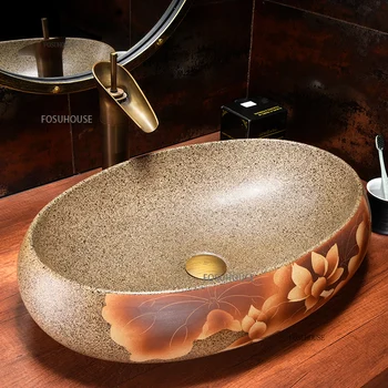 สไตล์โมร็อกโกเวทีอ่างล้างหน้าหรือเฟอร์นิเจอร์ห้องน้ํามือวาด Lotus เซรามิคอ่างล้างหน้าห้องน้ํา Washstand อ่างล้างหน้าขนาดใหญ่อ่างล้างจานห้องน้ํา 1