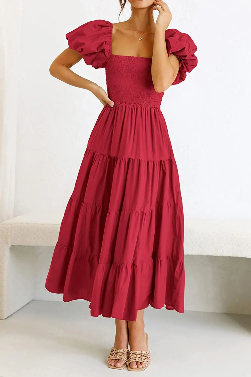 thumbnail image 2 of Women's Tiered Ruffle Maxi Dress - Puffy Short Sleeve Square Neck Beach Dress 2 of 10