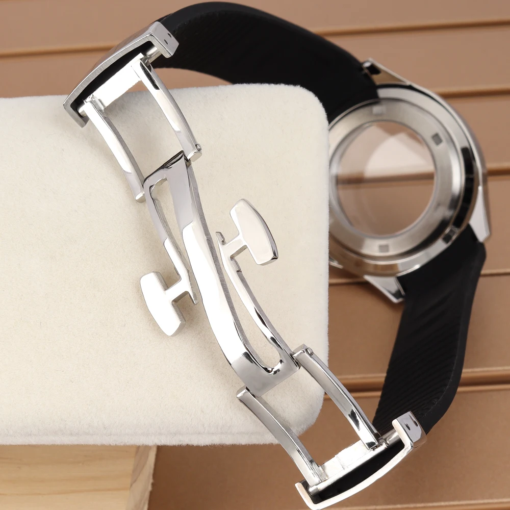 Silver Square Watch Case with Black and Blue Rubber Strap & Sapphire Crystal